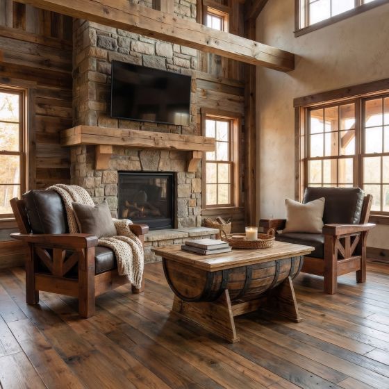 Barn Wood Lounge Chair: Some lifestyle images are created with AI for visualization purposes. Crafted from natural solid wood, each piece is unique and will vary.