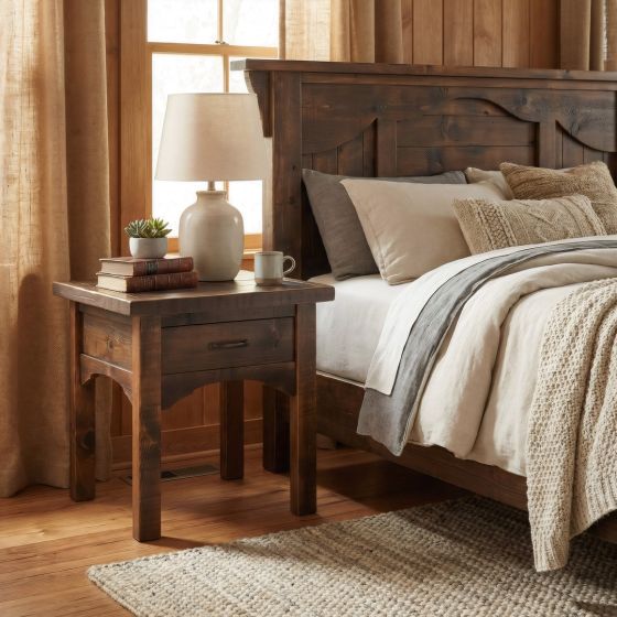 Rustic Nightstand: Some lifestyle images are created with AI for visualization purposes. Crafted from natural solid wood, each piece is unique and will vary.