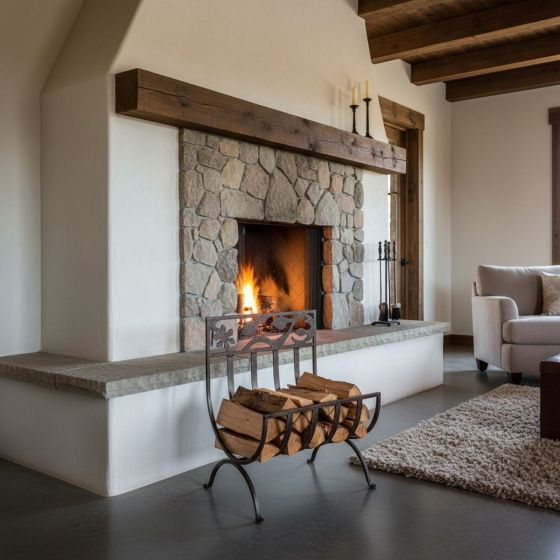 Rustic Fireplace Wood Holder: Some lifestyle images are created with AI for visualization purposes. Crafted from natural solid wood, each piece is unique and will vary.
