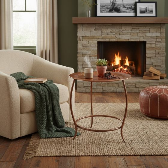 Copper End Table: Some lifestyle images are created with AI for visualization purposes. Crafted from natural solid wood, each piece is unique and will vary.