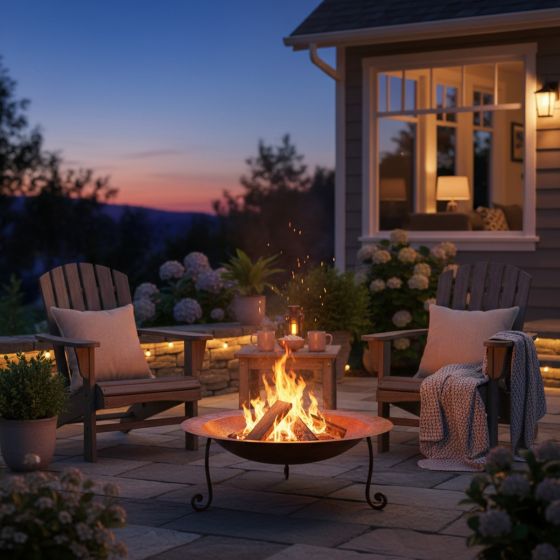 Copper Fire Pit: Some lifestyle images are created with AI for visualization purposes. Crafted from natural solid wood, each piece is unique and will vary.