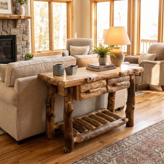 Aspen Sofa Table: Some lifestyle images are created with AI for visualization purposes. Crafted from natural solid wood, each piece is unique and will vary.