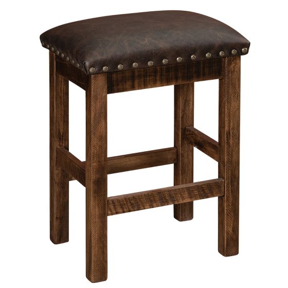 Alto Rough Sawn Bar Stool - 24" - Almond Finish - Texas Leather Upholstered Seat - Oxford Nail Head Trim
