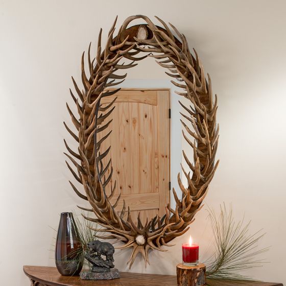 Oval Mule Deer Antler Fork Mirror in Natural Finish