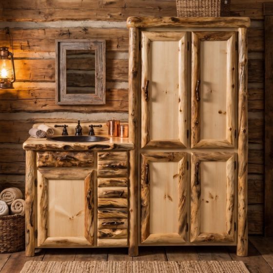 Lodge Bathroom Design: Some lifestyle images are created with AI for visualization purposes. Crafted from natural solid wood, each piece is unique and will vary.