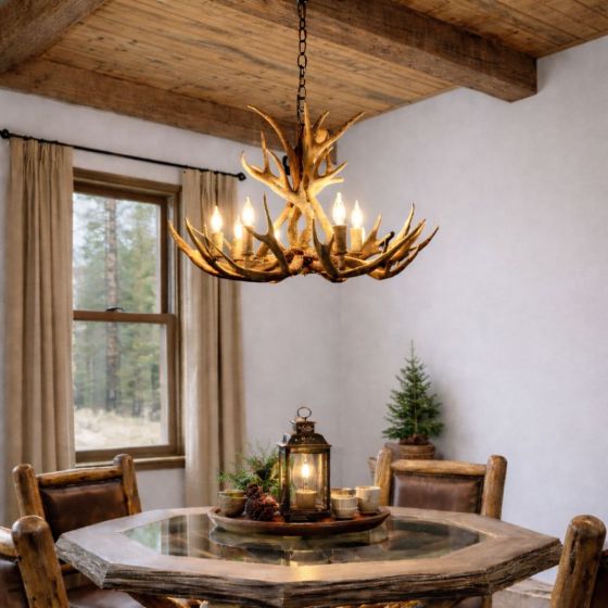 Rustic Chandelier: Some lifestyle images are created with AI for visualization purposes. Crafted from natural solid wood, each piece is unique and will vary.