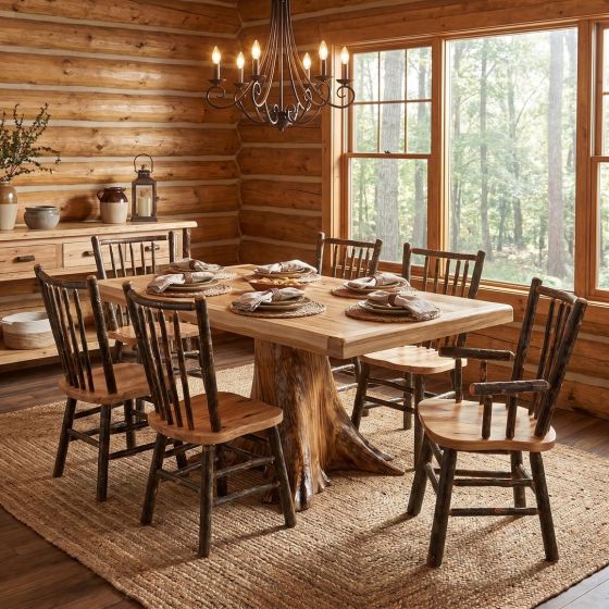 Hickory Dining Table: Some lifestyle images are created with AI for visualization purposes. Crafted from natural solid wood, each piece is unique and will vary.