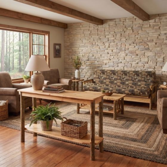 Hickory Sofa Table: Some lifestyle images are created with AI for visualization purposes. Crafted from natural solid wood, each piece is unique and will vary.