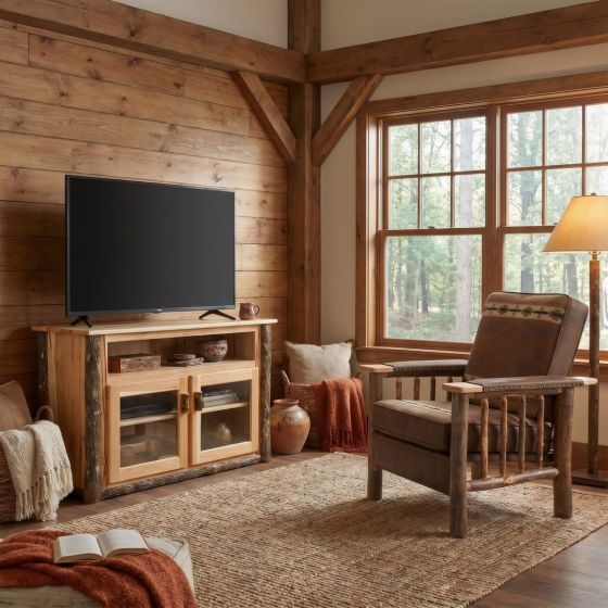 Hickory TV Stand: Some lifestyle images are created with AI for visualization purposes. Crafted from natural solid wood, each piece is unique and will vary.