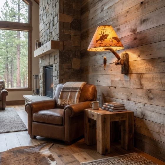 Rustic Hickory Wall Sconce: Some lifestyle images are created with AI for visualization purposes. Crafted from natural solid wood, each piece is unique and will vary.