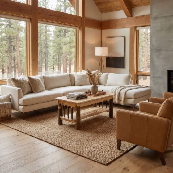 Hickory Log Coffee Table: Some lifestyle images are created with AI for visualization purposes. Crafted from natural solid wood, each piece is unique and will vary.