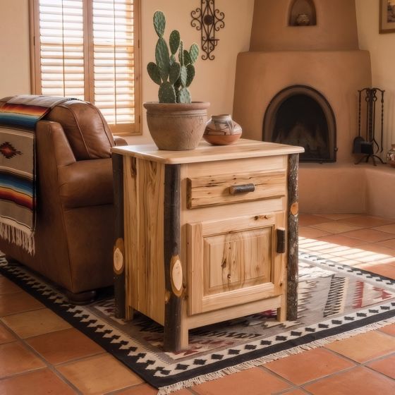 Rustic Log Nightstand: Some lifestyle images are created with AI for visualization purposes. Crafted from natural solid wood, each piece is unique and will vary.