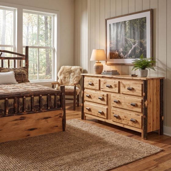 Hickory Log Dresser: Some lifestyle images are created with AI for visualization purposes. Crafted from natural solid wood, each piece is unique and will vary.