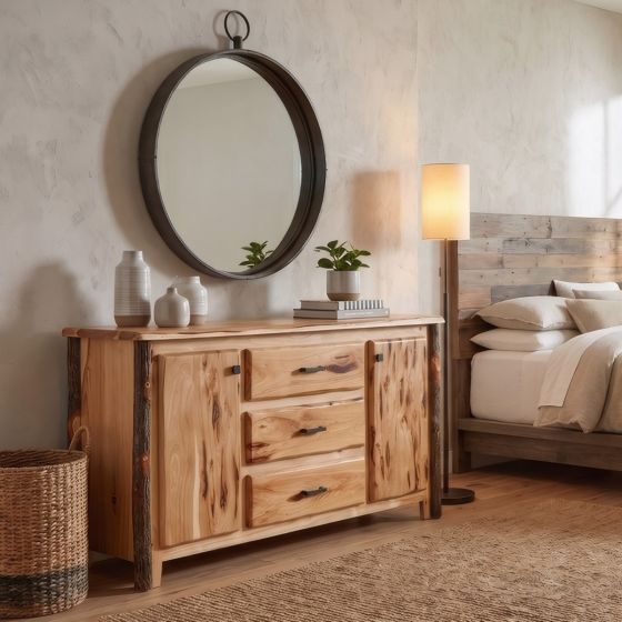 Rustic Log Dresser: Some lifestyle images are created with AI for visualization purposes. Crafted from natural solid wood, each piece is unique and will vary.