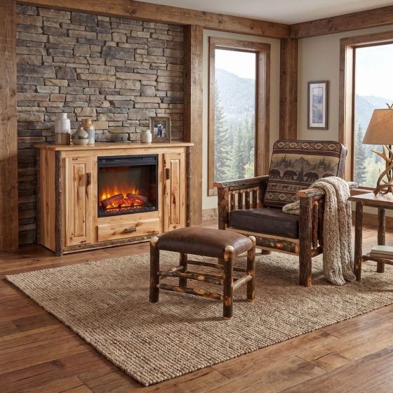 Hickory Fireplace: Some lifestyle images are created with AI for visualization purposes. Crafted from natural solid wood, each piece is unique and will vary.