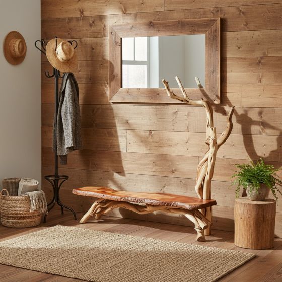 Slab Wood Bench: Some lifestyle images are created with AI for visualization purposes. Crafted from natural solid wood, each piece is unique and will vary.