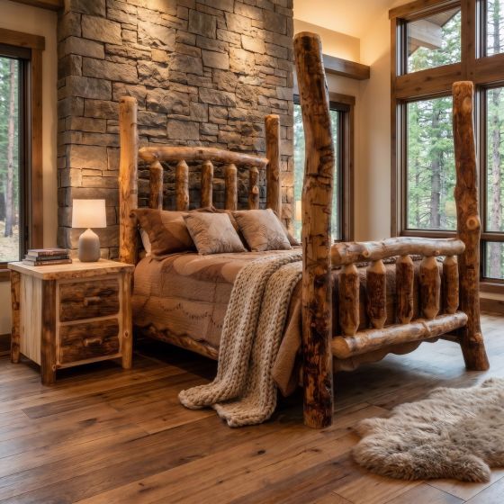 Rustic Bed: Some lifestyle images are created with AI for visualization purposes. Crafted from natural solid wood, each piece is unique and will vary.