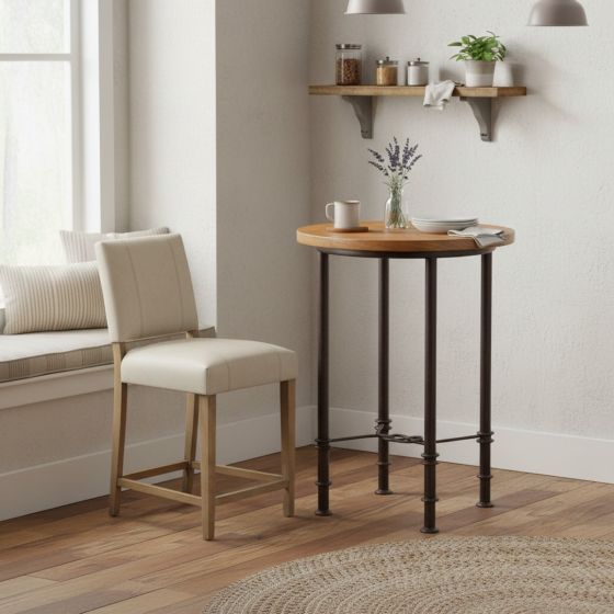 Copper Pub Table: Some lifestyle images are created with AI for visualization purposes. Crafted from natural solid wood, each piece is unique and will vary.