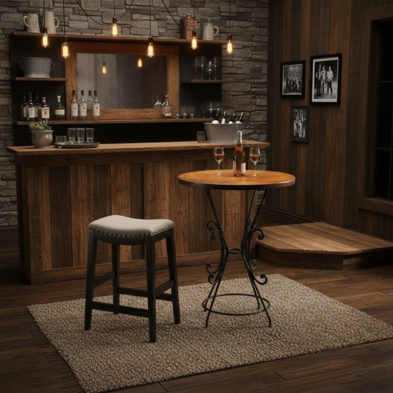 Rustic Pub Table: Some lifestyle images are created with AI for visualization purposes. Crafted from natural solid wood, each piece is unique and will vary.