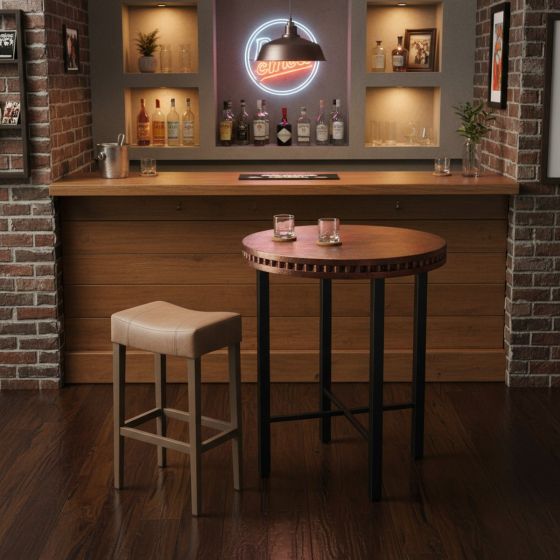 Rustic Pub Table: Some lifestyle images are created with AI for visualization purposes. Crafted from natural solid wood, each piece is unique and will vary.