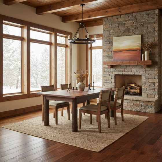 Lodge Dining Furniture: Some lifestyle images are created with AI for visualization purposes. Crafted from natural solid wood, each piece is unique and will vary.