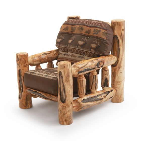 Beartooth Aspen Timber Comfort Log Chair - Gnarly Log - Dakota Brandy Accent Upholstery & Cloudcroft Earth Main Upholstery