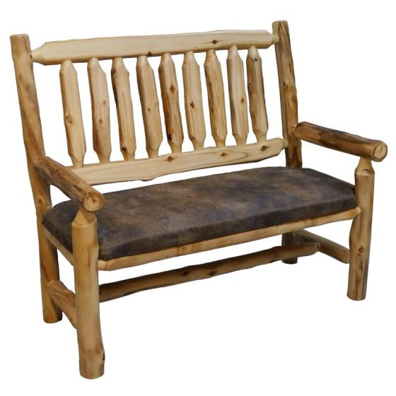 Beartooth Aspen Timberland Accent Bench - 48" - Natural Log - Ivanhoe Bison Upholstery - Old Cushion Style