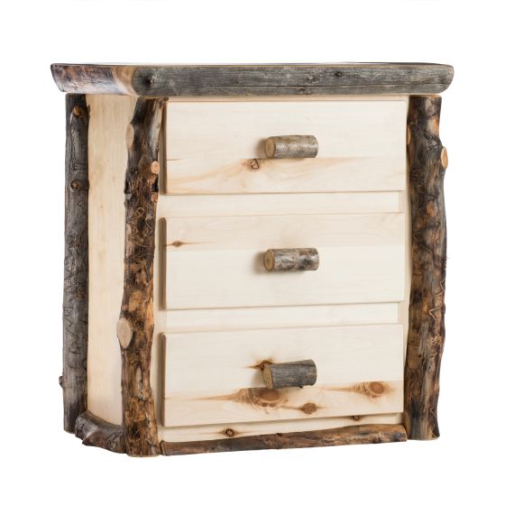 Beaver Creek Aspen 3 Drawer Log Chest--Flat drawer fronts, Clear finish, Dark aspen, Standard logs