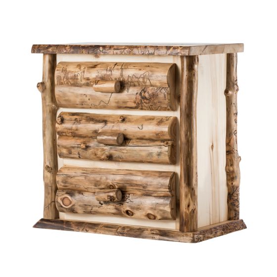 Boulder Mountain Three Drawer Aspen Log Chest--Half log drawers, Clear finish, Standard logs, Light aspen