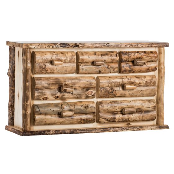Boulder Mountain 7 Drawer Aspen Log Dresser--Half log drawers, Clear finish, Standard logs, Light aspen