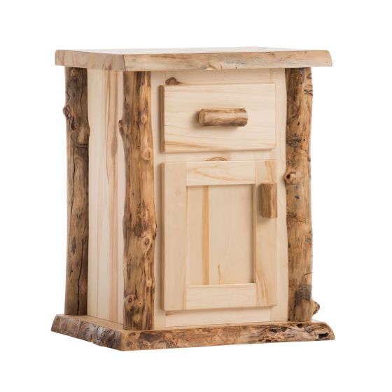 Boulder Mountain Enclosed Aspen Log Nightstand--Flat drawer front, Clear finish, Left hinge, Standard logs, Light aspen