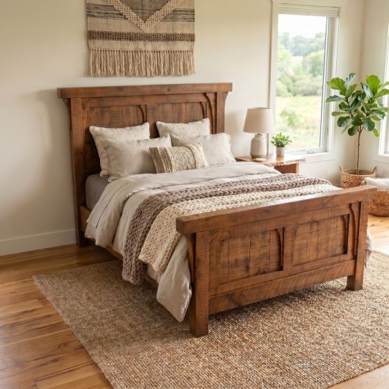 Barnwood Panel Bed: Some lifestyle images are created with AI for visualization purposes. Crafted from natural solid wood, each piece is unique and will vary.