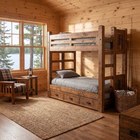 Bunk Bed with Storage: Some lifestyle images are created with AI for visualization purposes. Crafted from natural solid wood, each piece is unique and will vary.