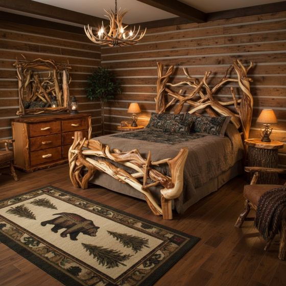 Unique Log Bunk Bed: Some lifestyle images are created with AI for visualization purposes. Crafted from natural solid wood, each piece is unique and will vary.