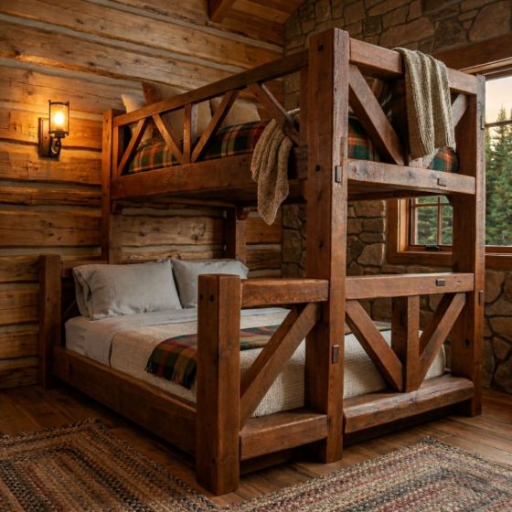 Barnwood Bunk Bed: Some lifestyle images are created with AI for visualization purposes. Crafted from natural solid wood, each piece is unique and will vary.