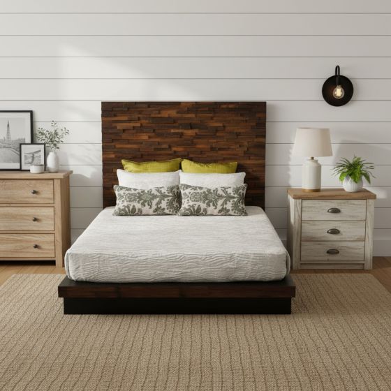 Stacked Wood Headboard: Some lifestyle images are created with AI for visualization purposes. Crafted from natural solid wood, each piece is unique and will vary.