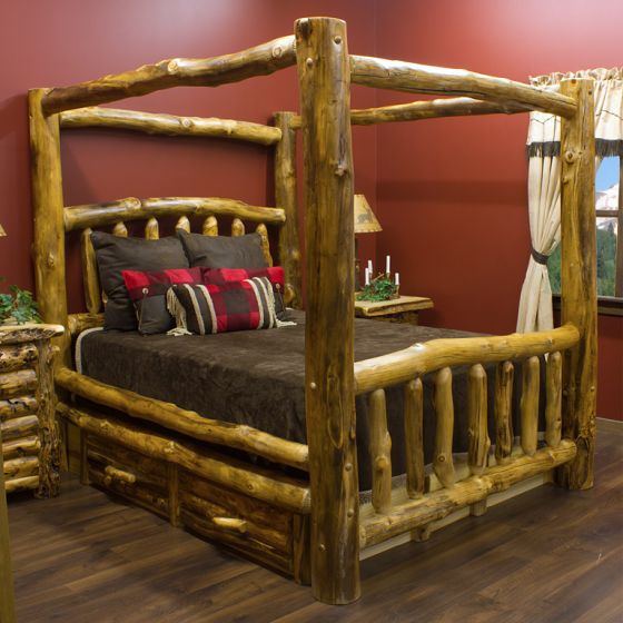 Beartooth Aspen Log Canopy Bed - Natural Log