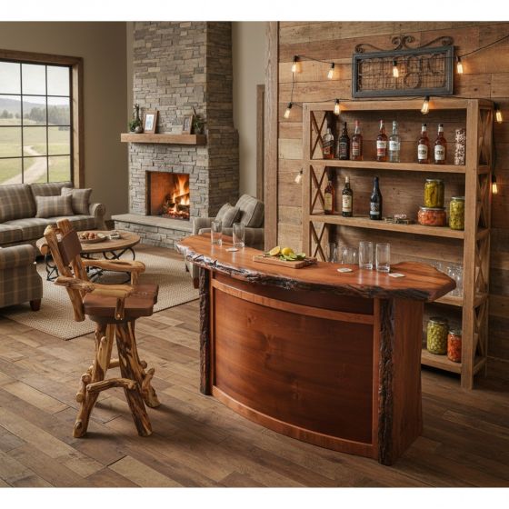 Rustic Bar Stool: Some lifestyle images are created with AI for visualization purposes. Crafted from natural solid wood, each piece is unique and will vary.