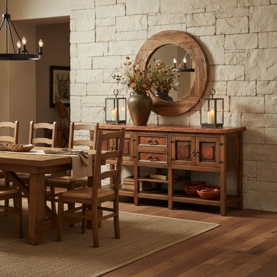 Rustic Buffet: Some lifestyle images are created with AI for visualization purposes. Crafted from natural solid wood, each piece is unique and will vary.