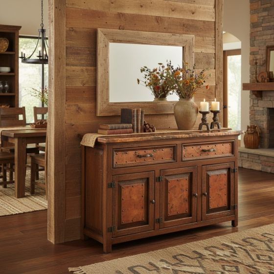 Rustic Buffet: Some lifestyle images are created with AI for visualization purposes. Crafted from natural solid wood, each piece is unique and will vary.