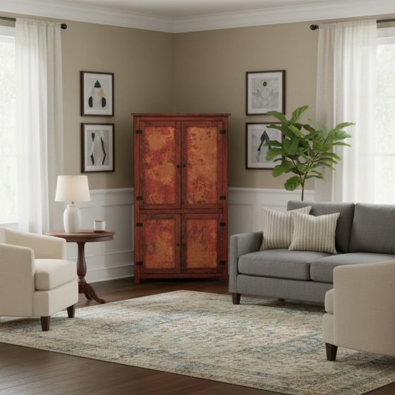 Copper Corner Cabinet: Some lifestyle images are created with AI for visualization purposes. Crafted from natural solid wood, each piece is unique and will vary.