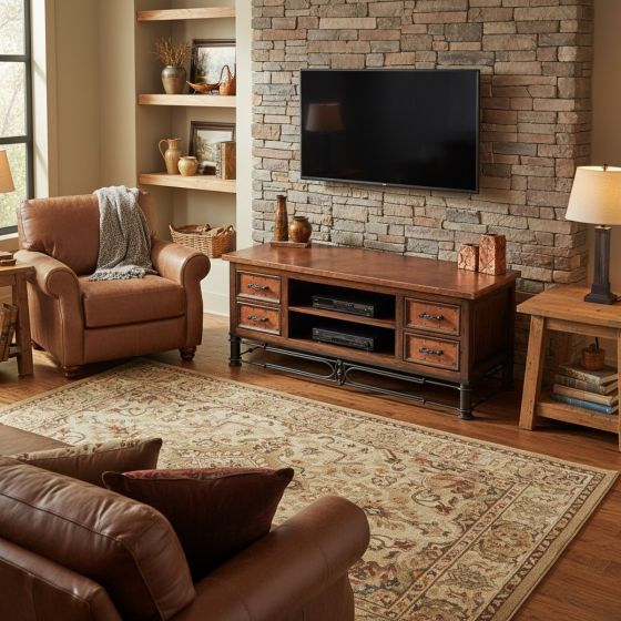 Rustic Copper TV Stand: Some lifestyle images are created with AI for visualization purposes. Crafted from natural solid wood, each piece is unique and will vary.