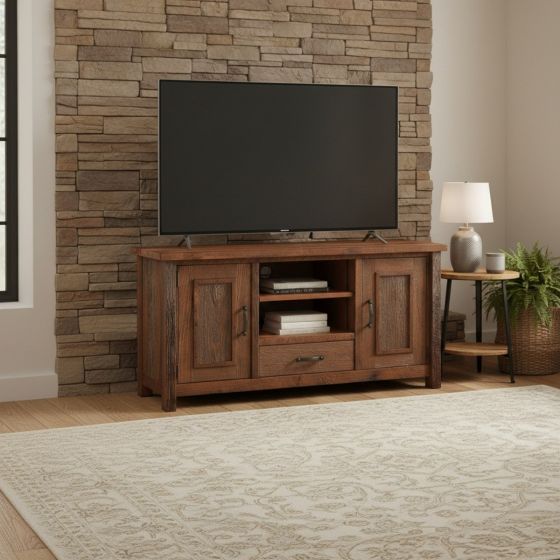 Barnwood TV Stand: Some lifestyle images are created with AI for visualization purposes. Crafted from natural solid wood, each piece is unique and will vary.