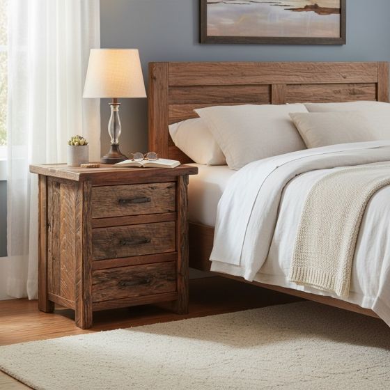 Barnwood Nightstand: Some lifestyle images are created with AI for visualization purposes. Crafted from natural solid wood, each piece is unique and will vary.