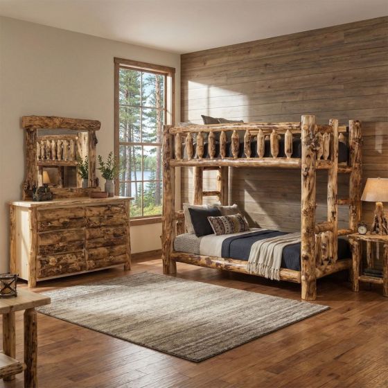 Rustic Bunk Bed: Some lifestyle images are created with AI for visualization purposes. Crafted from natural solid wood, each piece is unique and will vary.