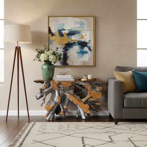 Gray Root Table: Some lifestyle images are created with AI for visualization purposes. Crafted from natural solid wood, each piece is unique and will vary.