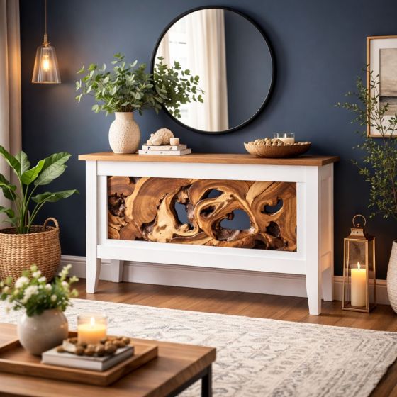 Modern Rustic Console Table: Some lifestyle images are created with AI for visualization purposes. Crafted from natural solid wood, each piece is unique and will vary.