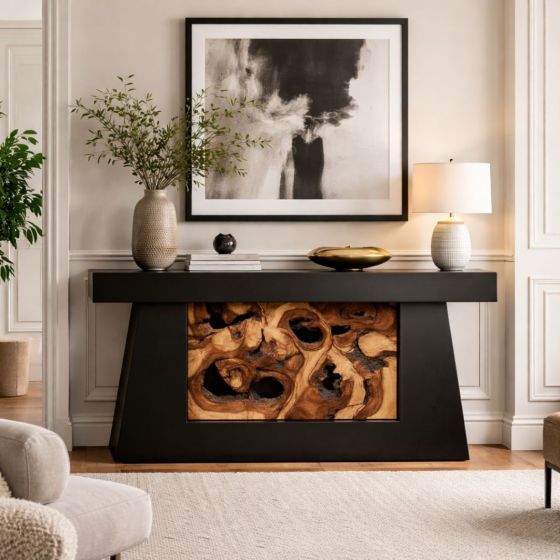 Contemporary Rustic Entry Table: Some lifestyle images are created with AI for visualization purposes. Crafted from natural solid wood, each piece is unique and will vary.