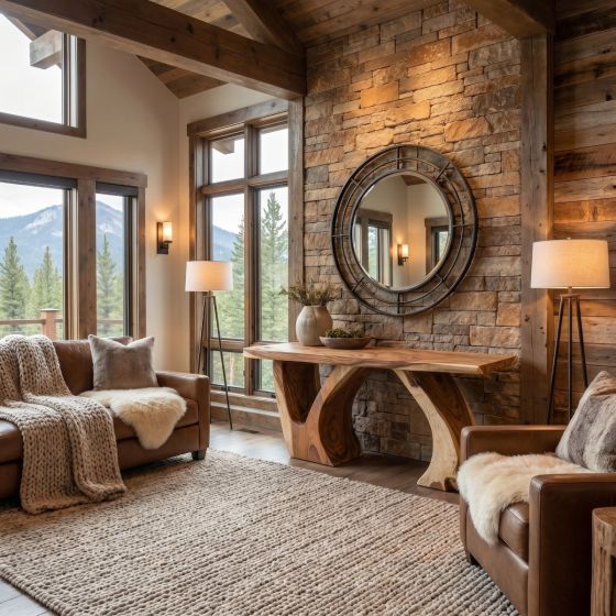 Rustic Console: Some lifestyle images are created with AI for visualization purposes. Crafted from natural solid wood, each piece is unique and will vary.