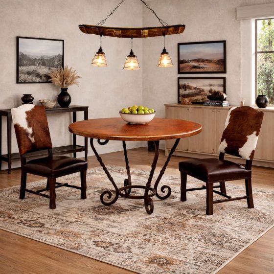 Copper Dining Table: Some lifestyle images are created with AI for visualization purposes. Crafted from natural solid wood, each piece is unique and will vary.